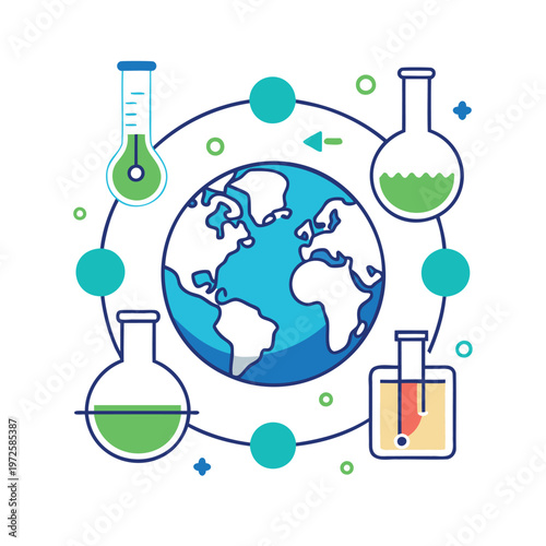 Global science and environmental chemistry illustration with lab equipment