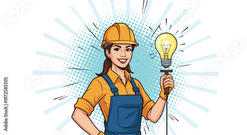 Smiling female electrician or construction worker wearing a hard hat and blue overalls holding a glowing light bulb in a pop art style.