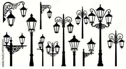 Black street lamps and lanterns.