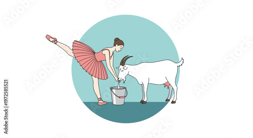 Ballerina in a pink tutu performing a dance pose while milking a white goat into a silver bucket within a circular teal frame illustration.