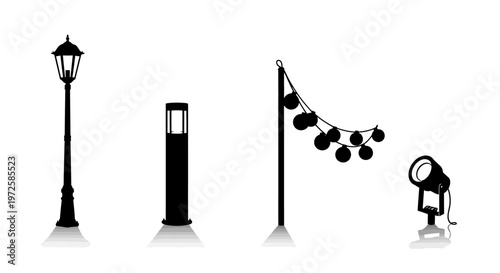 Black street lamps and lighting poles.