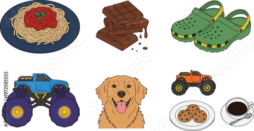 Premium Vector Graphic Set with Spaghetti Pasta, Melting Chocolate Bar, Garden Clogs, Monster Trucks, Golden Retriever Dog, Chocolate Chip Cookies, and Black Coffee Cup
