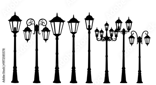 Black street lamps in a row.
