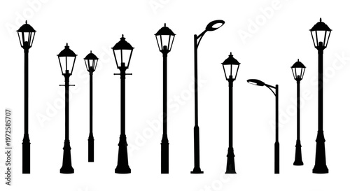 Black street lamps in a row.