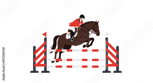 A dark brown stallion carrying a rider in a bright red jacket clears a tall multi-bar obstacle during an intense professional show jumping competition event.