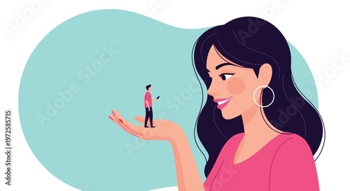 Portrait of a woman with long dark hair holding a miniature man in the palm of her hand against a simple blue background with shapes.