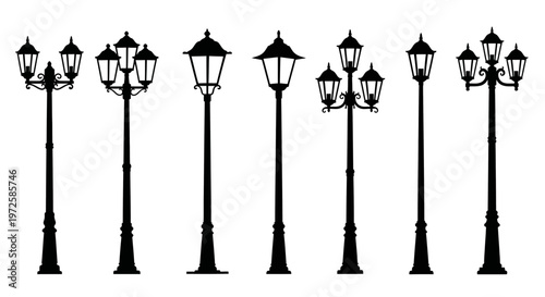 Black street lamps in a row.