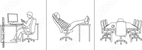 Office Work and Relax Line Art Vector Illustration Set with Employee at Desk, Relaxing Chair and Meeting Room Scene Collection