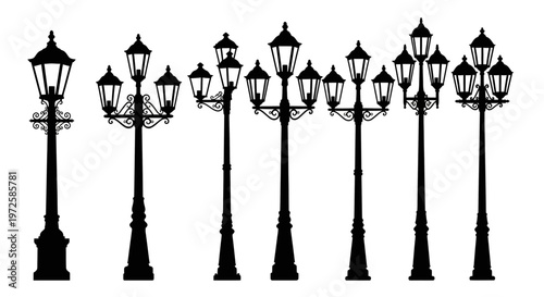 Black street lamps in a row.
