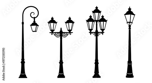 Black street lamps on poles.