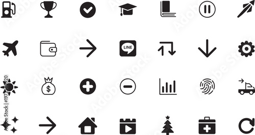 Collection of various black icons on white background