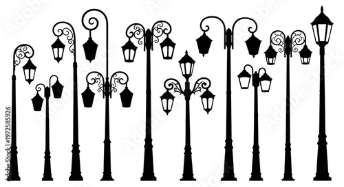 Black street lamps on poles lined.