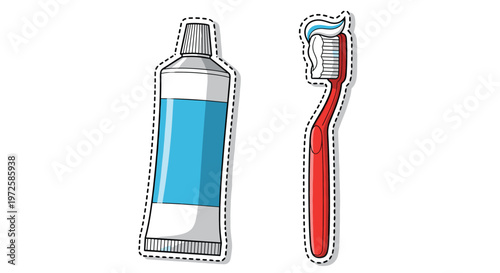 Sticker illustration of a tube of toothpaste and a red toothbrush with a dollop of white and blue paste, emphasizing dental hygiene.