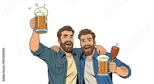 Two happy bearded men celebrating with mugs of frothy beer and a corn dog, illustrated in a friendly and casual comic book style scene.