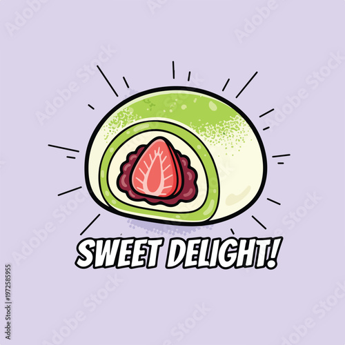 A vector illustration of a matcha strawberry mochi cross-section with a whole strawberry and red bean paste, titled "SWEET DELIGHT!".