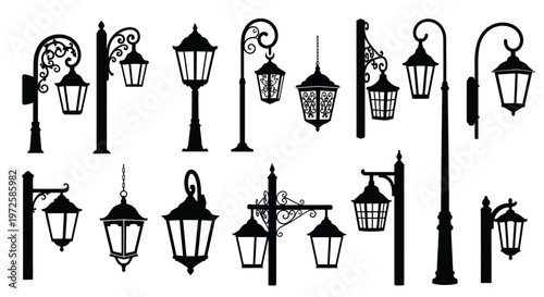 Black street lamps on white background.