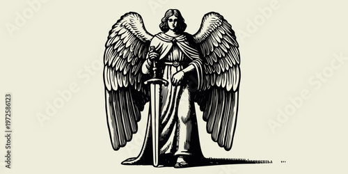 An angelic figure with large wings holds a sword standing guard