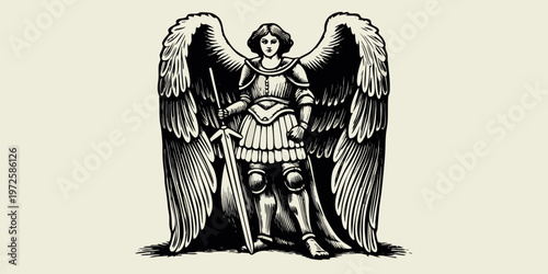 Vintage illustration of a female warrior angel with sword and large wings