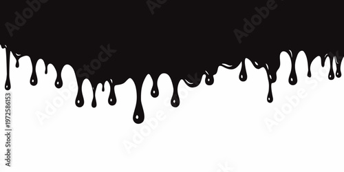 Black liquid drips and flows downwards against a stark white background