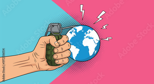 Hand holding a green hand grenade in front of a blue globe, symbolizing global conflict, war, and international security in pop art style.