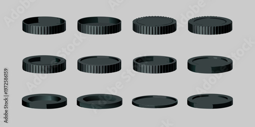 A variety of black lens caps arranged in a geometric pattern