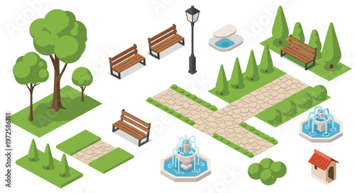 An isometric assembly of garden landscaping features showcases stone walkways and elegant water fountains alongside wooden benches and green topiary bushes.