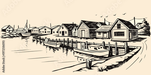 Quaint coastal village scene with houses boats and a detailed shoreline