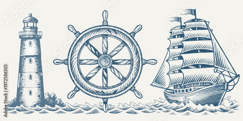 Vintage nautical illustration featuring a lighthouse ship s wheel and sailing ship