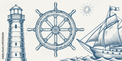 Vintage nautical illustration featuring a lighthouse ship s wheel and sailing ship