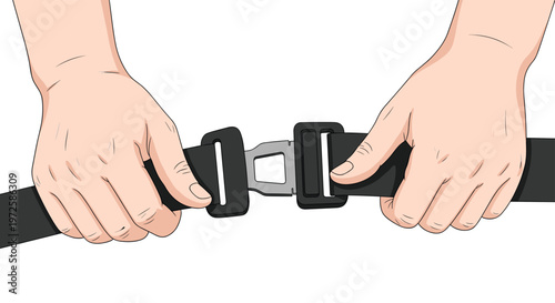 A pair of hands securely fastens a black nylon seatbelt buckle together against a plain white background to emphasize automotive safety and protection.