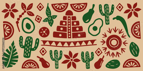 A vibrant colorful pattern featuring mexican imagery and botanical elements