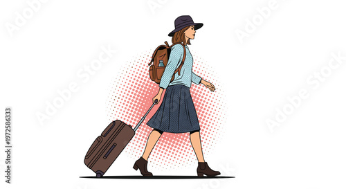 Stylish female traveler with a backpack and hat pulling a brown suitcase, illustrated in a classic pop art style against a dot background.