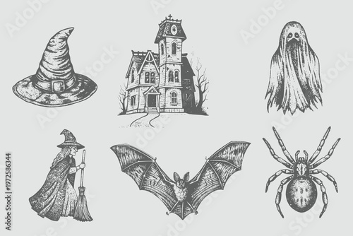 Halloween collage elements with vintage stippling photocopy effect sketch engraving style. Witch, bat, ghost, haunted house, witch hat, spider set vector illustration. 