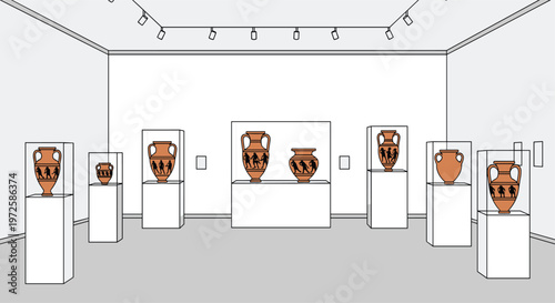 A pristine museum gallery features ancient Greek pottery showcased within transparent glass display cases atop white pedestals under bright track lighting.