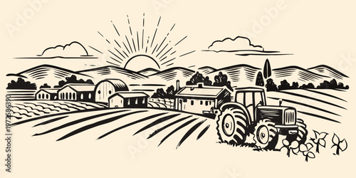 Vintage style illustration of a farm landscape with tractor and rising sun