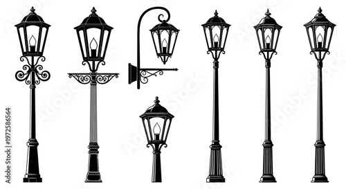 Collection of old fashioned street lamps.