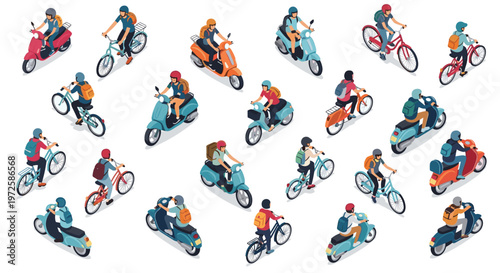 A vibrant isometric illustration features a large variety of people riding colorful scooters and bicycles through an organized urban transport layout.