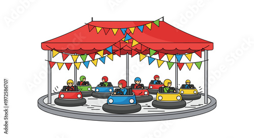 Enthusiastic cartoon children drive brightly colored bumper cars around a circular arena beneath a large red canopy decorated with many festive party flags.