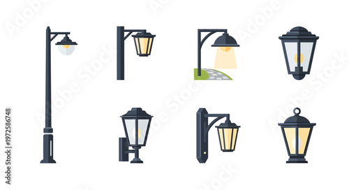 Collection of outdoor lamp posts and lights.