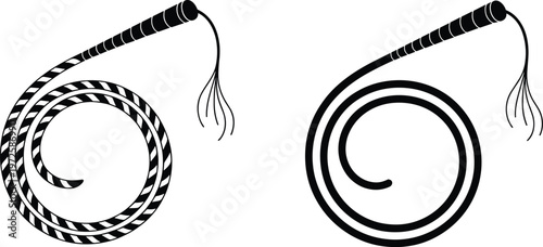 Whip icons set, coiled rope whip silhouettes collection for western cowboy and rodeo design