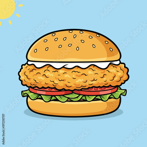 A delicious vector illustration of a crispy chicken burger with fresh lettuce, tomatoes, and mayonnaise on a sesame bun under a bright sun.