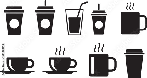 Silhouette icons of various coffee and tea cups and glasses with lids straws and steam