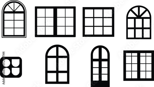 Window icons set, architectural window frames collection for house building and interior design