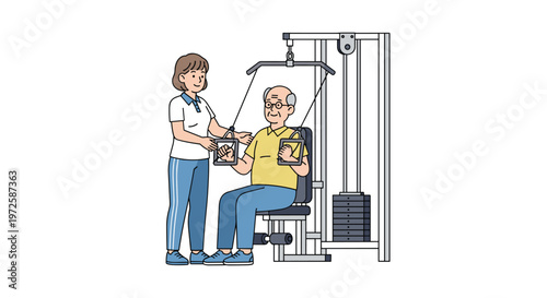 A professional female physical therapist carefully assists an elderly man as he performs strengthening exercises on a weight machine in a bright clinic.