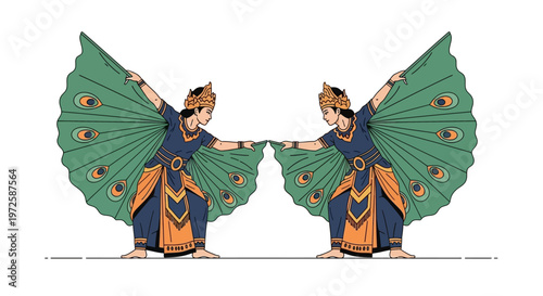 Two dancers with peacock wings performing.