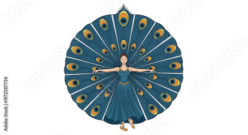Woman dressed as a peacock performing.