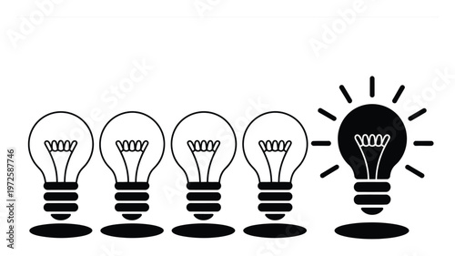Five light bulbs, one illuminated, symbolizing innovation and ideas