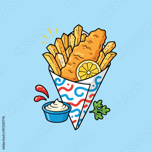 This colorful vector illustration features classic fried fish and chips served in a patterned paper cone with lemon, dipping sauce, and parsley.