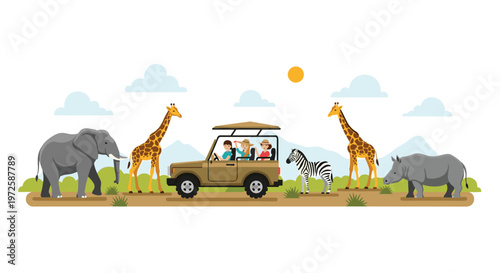 A group of adventurous tourists enjoys a guided wildlife safari tour in a rugged tan jeep surrounded by majestic elephants and tall giraffes on the savanna.