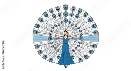 Woman dressed as a peacock spreading arms.
